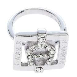 Aigner Crystal Studded Silver Tone Square Ring Size 54