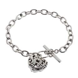 Aigner Silver Tone Crystal Heart Charm Toggle Bracelet