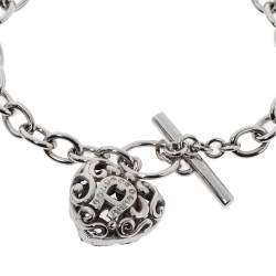 Aigner Silver Tone Crystal Heart Charm Toggle Bracelet