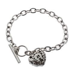 Aigner Silver Tone Crystal Heart Charm Toggle Bracelet