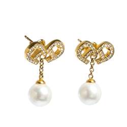 Pre Owned Aigner Gold Tone Faux Pearl Crystal Drop Earrings