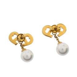 Pre Owned Aigner Gold Tone Faux Pearl Crystal Drop Earrings