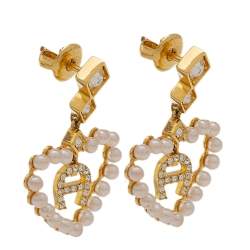 مملوكة مسبقًا Aigner Faux Pearl Heart Crystal Gold Tone Drop Earrings