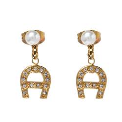 Pre Owned Aigner Crystal Logo Gold Tone Necklace and Earrings Set