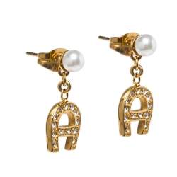 Pre Owned Aigner Crystal Logo Gold Tone Necklace and Earrings Set