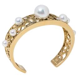 Pre Owned  Aigner Faux Pearl Crystal Gold Tone Open Cuff Bracelet
