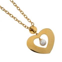 Pre Owned Aigner Heart Faux Pearl Crystal Gold Tone Necklace