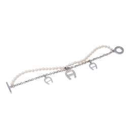 Pre Owned Aigner Faux Pearl Crystal Silver Tone Double Strand Toggle Bracelet