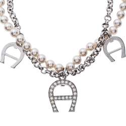 Pre Owned Aigner Faux Pearl Crystal Silver Tone Double Strand Toggle Bracelet