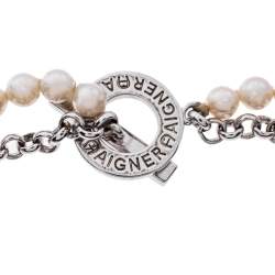 Pre Owned Aigner Faux Pearl Crystal Silver Tone Double Strand Toggle Bracelet