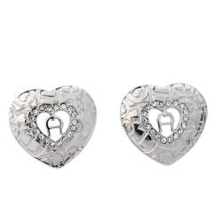Aigner Silver Tone Heart Crystal Stud Earrings