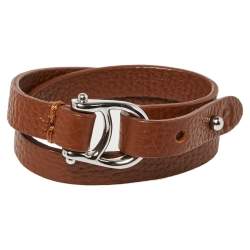 مملوكة مسبقًا Aigner Brown Leather Double Tour Logo Bracelet