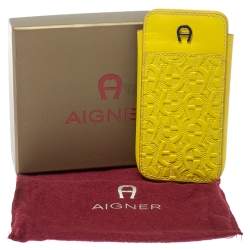 Pre Owned Aigner Yellow Logo Embossed Leather Phone Case
