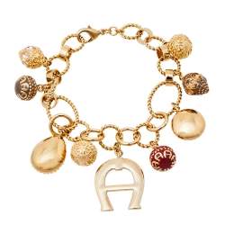 Pre Owned Aigner Crystal Gold Tone Charm Bracelet