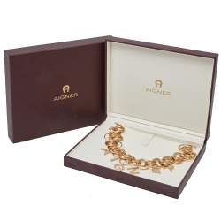 Pre Owned Aigner Gold Tone Crystal Logo Charm Choker Necklace