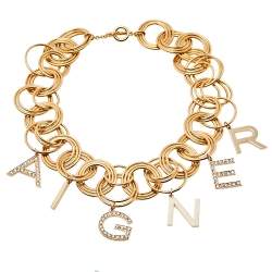 Pre Owned Aigner Gold Tone Crystal Logo Charm Choker Necklace