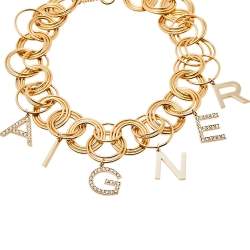 Pre Owned Aigner Gold Tone Crystal Logo Charm Choker Necklace