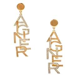 Pre Owned Aigner Gold Tone Crystal Logo Drop Earrings