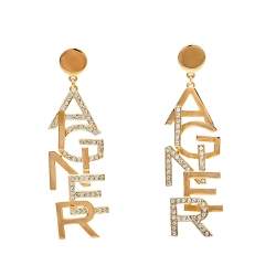 Pre Owned Aigner Gold Tone Crystal Logo Drop Earrings