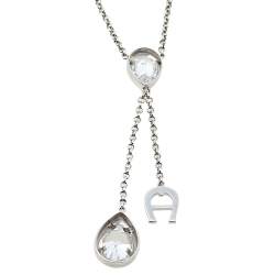 Pre Owned Aigner Crystal Embellished Logo Pendant Silver Tone Necklace