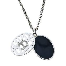 Pre Owned قلادة أيغنر مزدوجة شعار كريستال فضية اللون