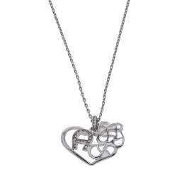 Pre Owned Aigner Silver Tone Crystal Logo Heart Pendant Necklace