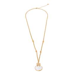 Pre Owned Aigner Mother of Pearl Crystal Logo Rose Gold Plated Pendant Necklace