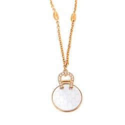 Pre Owned Aigner Mother of Pearl Crystal Logo Rose Gold Plated Pendant Necklace