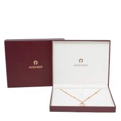 Pre Owned Aigner Mother of Pearl Crystal Logo Rose Gold Plated Pendant Necklace