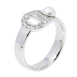 Pre Owned خاتم أيغنر شعار لؤلؤ كريستال لون فضي مقاس EU 54