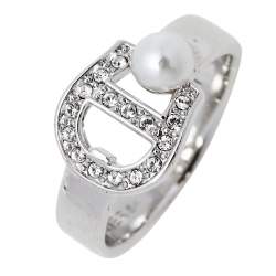 Pre Owned خاتم أيغنر شعار لؤلؤ كريستال لون فضي مقاس EU 54
