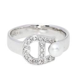 Pre Owned خاتم أيغنر شعار لؤلؤ كريستال لون فضي مقاس EU 54