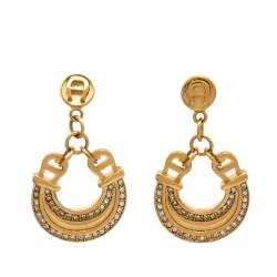 Pre Owned Aigner Gold Tone Crystal Studded Logo Necklace & Earrings Set