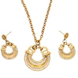 Pre Owned Aigner Gold Tone Crystal Studded Logo Necklace & Earrings Set
