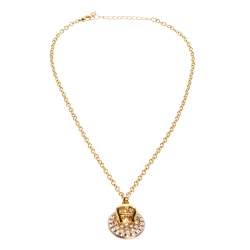 Pre Owned Aigner Logo Crystal Two Tone Metal Pendant Necklace