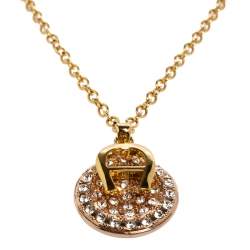 Pre Owned Aigner Logo Crystal Two Tone Metal Pendant Necklace