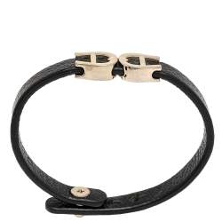 Pre Owned Aigner Black Leather Gold Tone Logo Bracelet