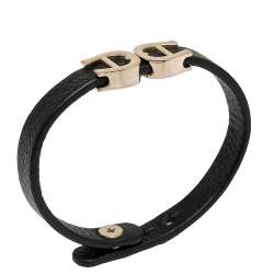 Pre Owned Aigner Black Leather Gold Tone Logo Bracelet