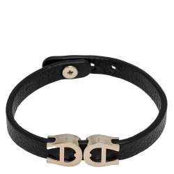 Pre Owned Aigner Black Leather Gold Tone Logo Bracelet