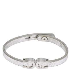 Pre Owned Aigner Silver Leather Silver Tone Logo Bracelet