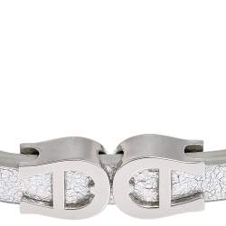 Pre Owned Aigner Silver Leather Silver Tone Logo Bracelet