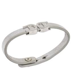 Pre Owned Aigner Silver Leather Silver Tone Logo Bracelet