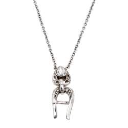 Aigner Silver Tone Crystal Logo Drop Pendant Necklace