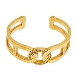 Aigner Crystal Studded Logo Gold Tone Open Cuff Bracelet