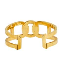 Aigner Crystal Studded Logo Gold Tone Open Cuff Bracelet