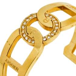 Aigner Crystal Studded Logo Gold Tone Open Cuff Bracelet