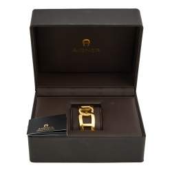 Aigner Crystal Studded Logo Gold Tone Open Cuff Bracelet