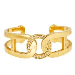 Aigner Crystal Studded Logo Gold Tone Open Cuff Bracelet