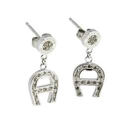 Aigner Silver Tone Crystal Logo Drop Earrings