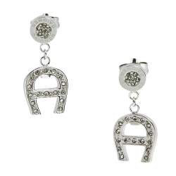 Aigner Silver Tone Crystal Logo Drop Earrings